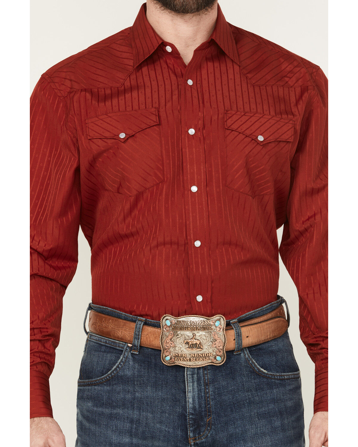 Image #3 - Rodeo Clothing Men's Tonal Striped Long Sleeve Pearl Snap Western Shirt, Red, hi-res