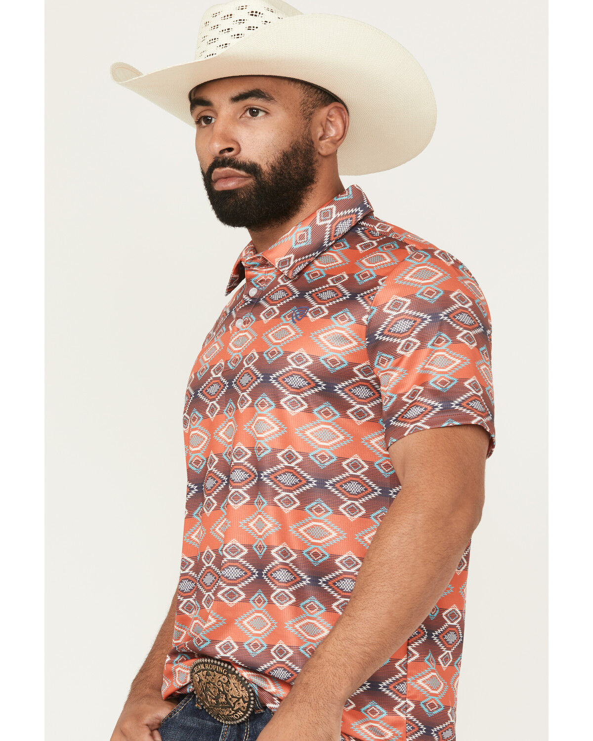 Image #2 - Rock & Roll Denim Men's Southwestern Print Short Sleeve Button-Down Polo Shirt, Red, hi-res