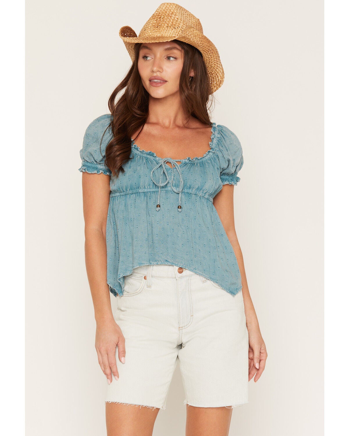 Angie Women's Gathered Self Tie Short Sleeve Top, Blue, hi-res