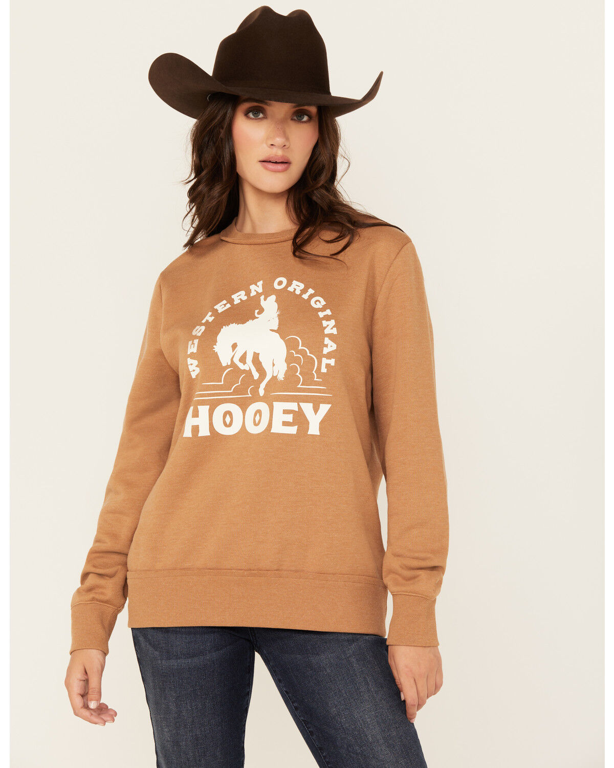 Image #1 - Hooey Women's Boot Barn Exclusive Bronco Graphic Crewneck Sweatshirt, Tan, hi-res
