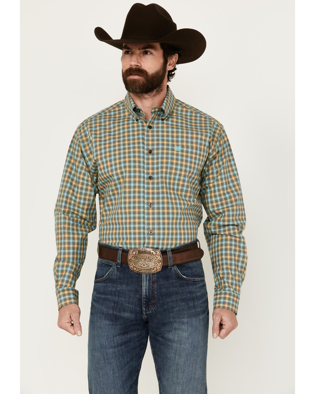 Image #1 - Cinch Men's Plaid Print Long Sleeve Button-Down Western Shirt, Turquoise, hi-res