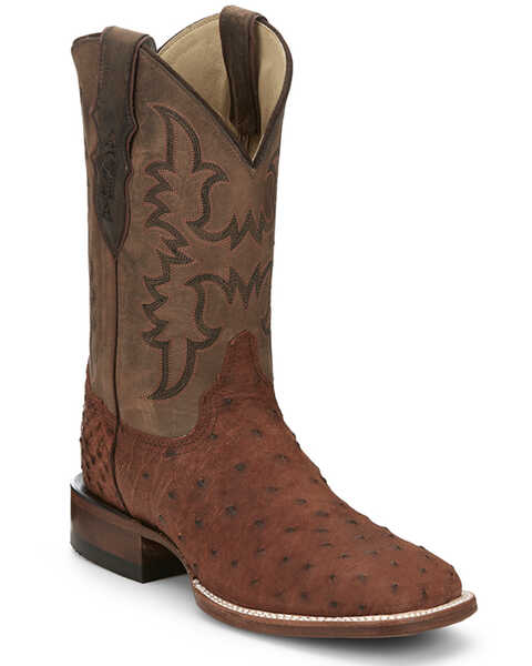 Justin Men's Full-Quill Ostrich Exotic Boot - Square Toe, Brandy Brown, hi-res