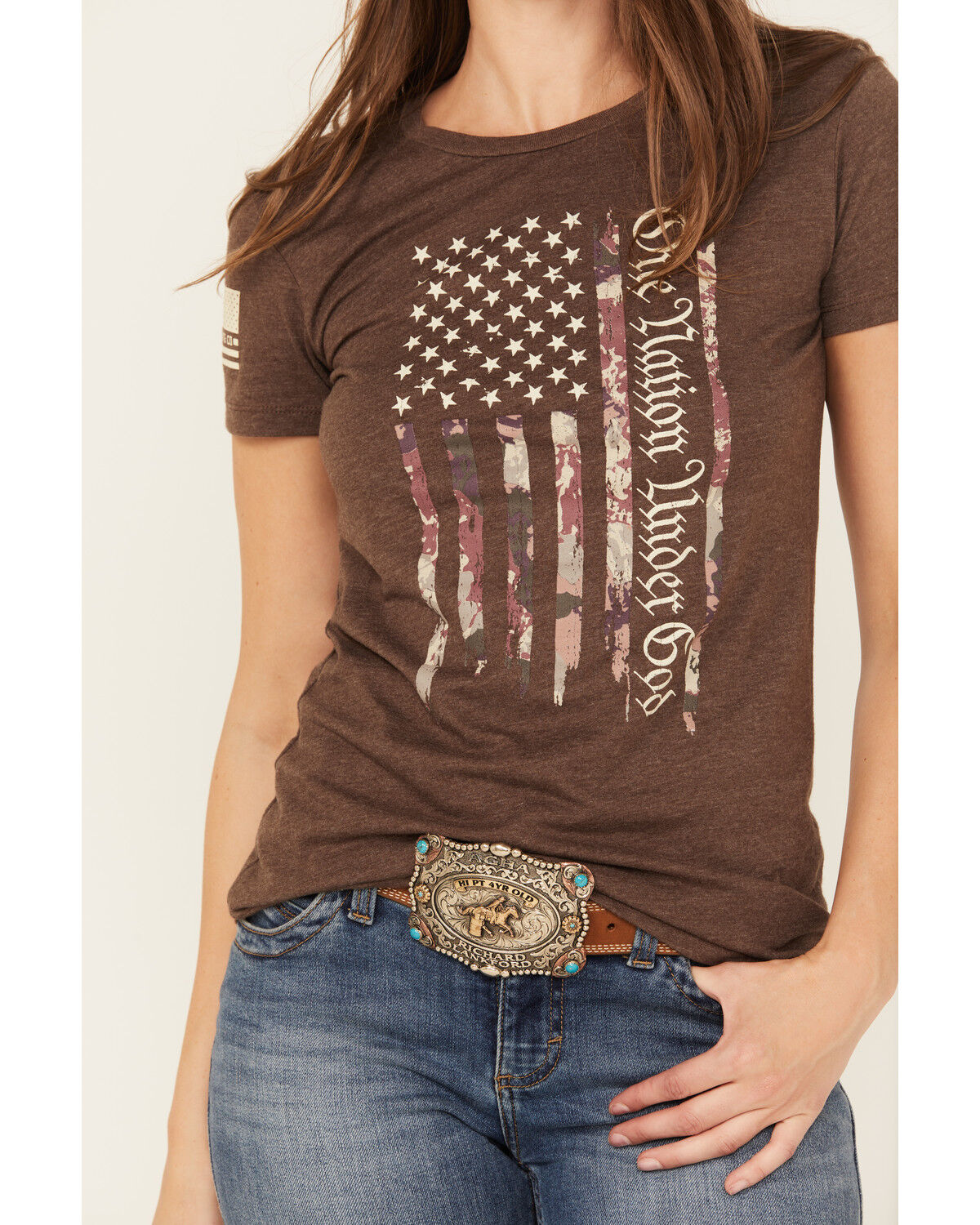 Image #3 - Howitzer Women's One Nation Short Sleeve Graphic Tee, Dark Brown, hi-res