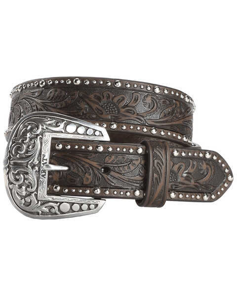 Image #1 - Ariat Women's Tooled & Studded Leather Belt, Brown, hi-res