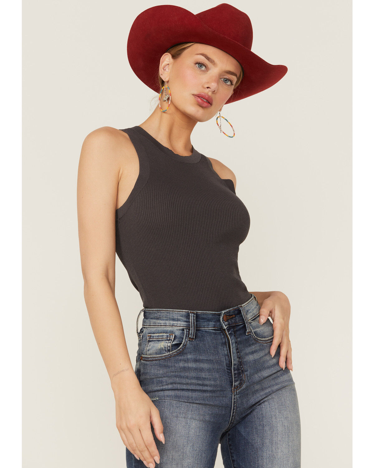Image #1 - Panhandle Women's Solid Ribbed Bodycon Tank, Black, hi-res