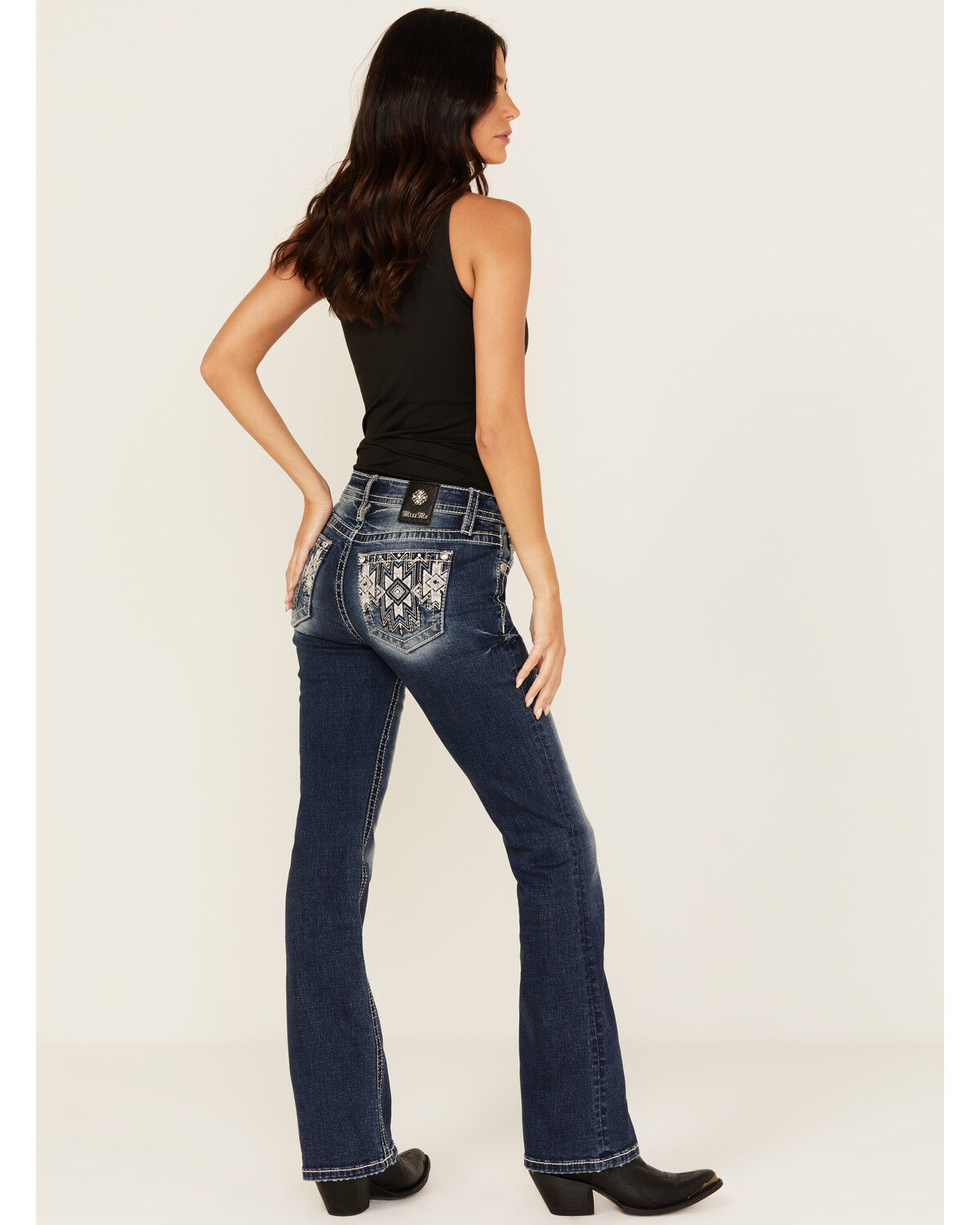 Image #1 - Miss Me Women's Dark Wash Mid Rise Geo Pocket Bootcut Stretch Denim Jeans, Dark Wash, hi-res