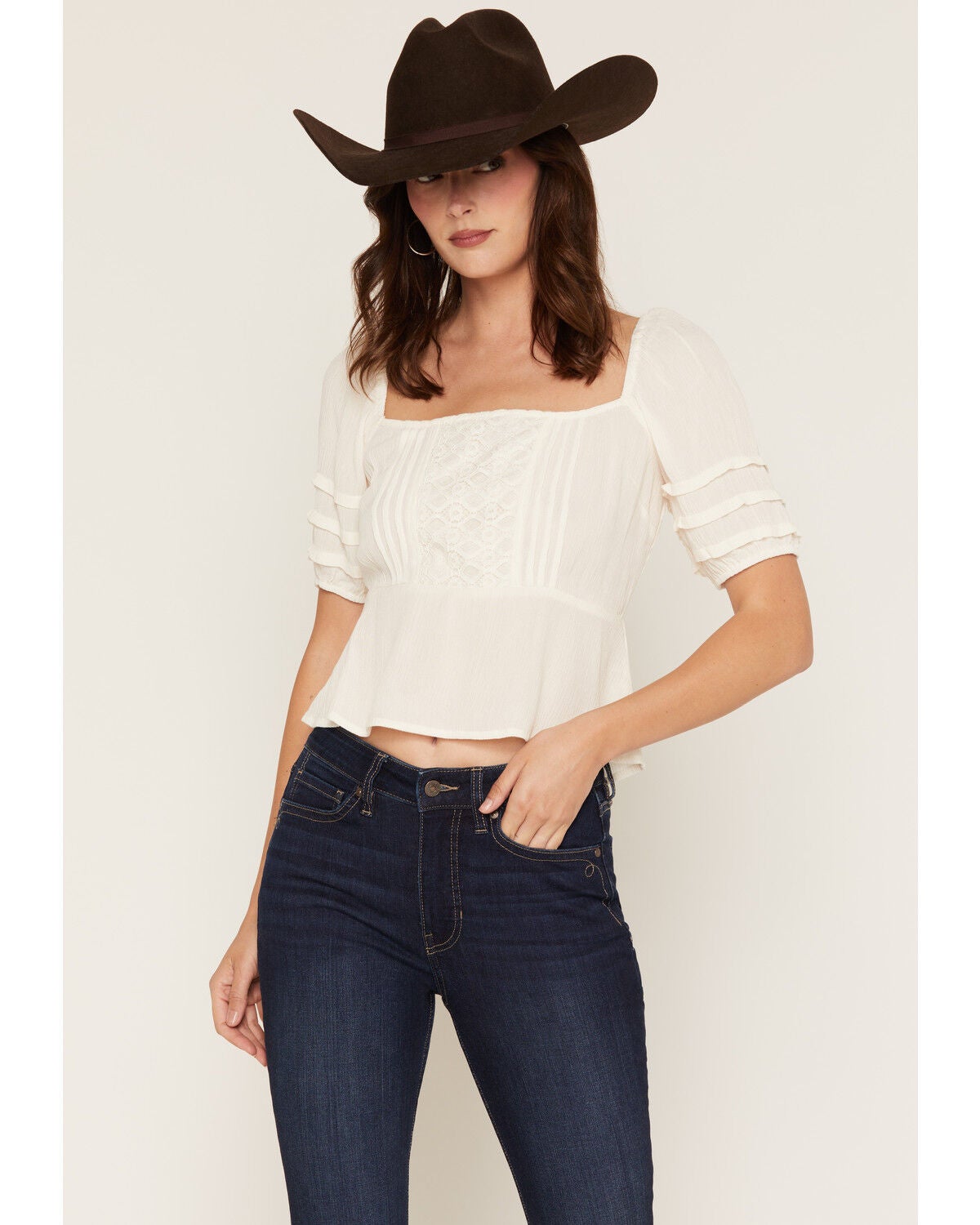 Lovestitch Women's Lace Front Short Sleeve Top, Ivory, hi-res