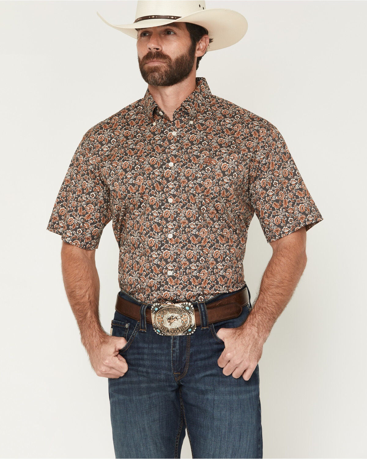 Cinch Men's Boot Barn Exclusive Floral Print Short Sleeve Button-Down Stretch Western Shirt, Charcoal, hi-res