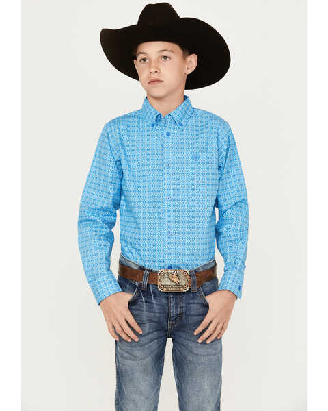 Ariat Boys' Lake Classic Fit Long Sleeve Button Down Western Shirt, Blue, hi-res
