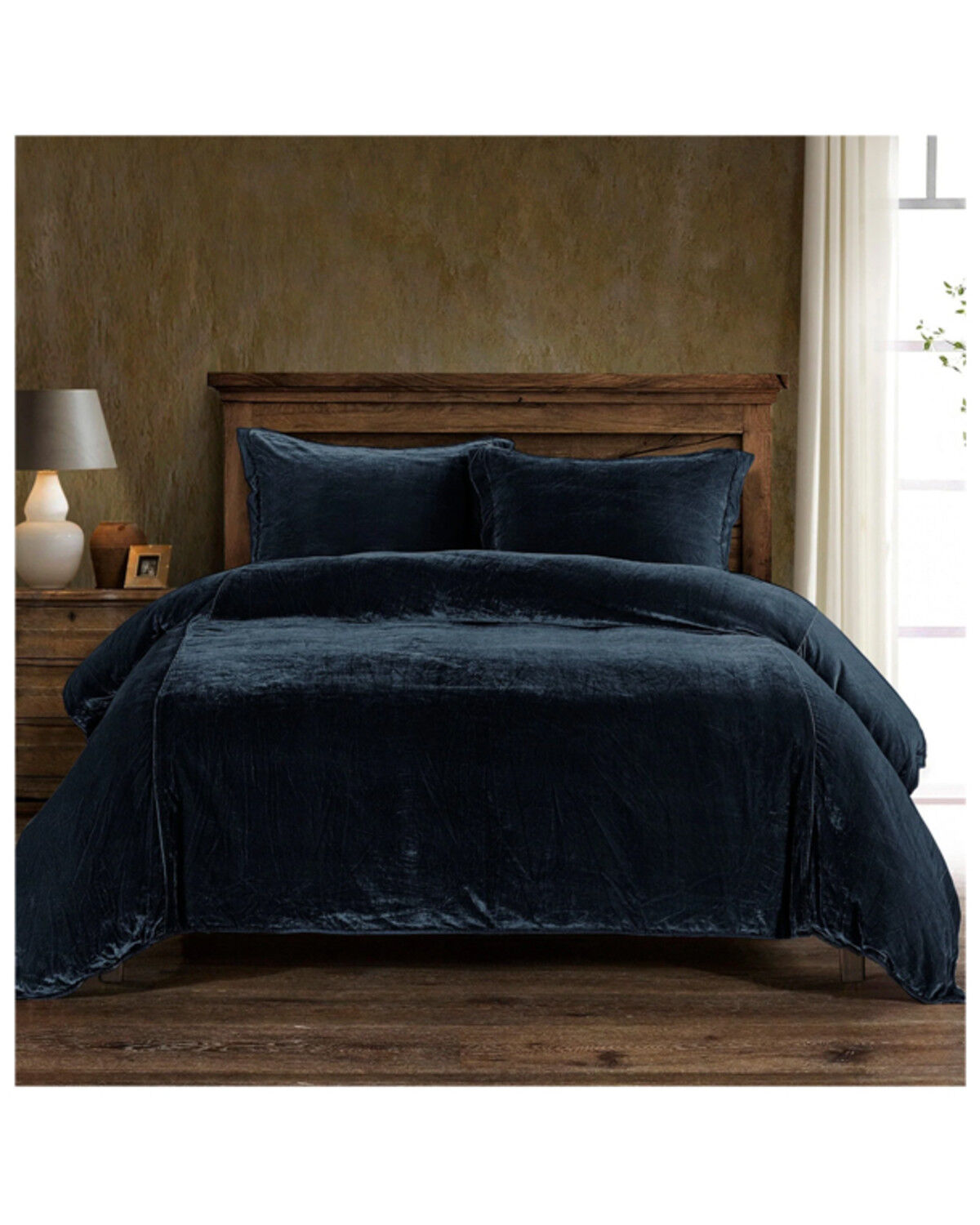 Image #1 - HiEnd Accents Midnight Blue Stella Faux Silk & Velvet Super Queen 3-Piece Duvet Cover Set, Blue, hi-res