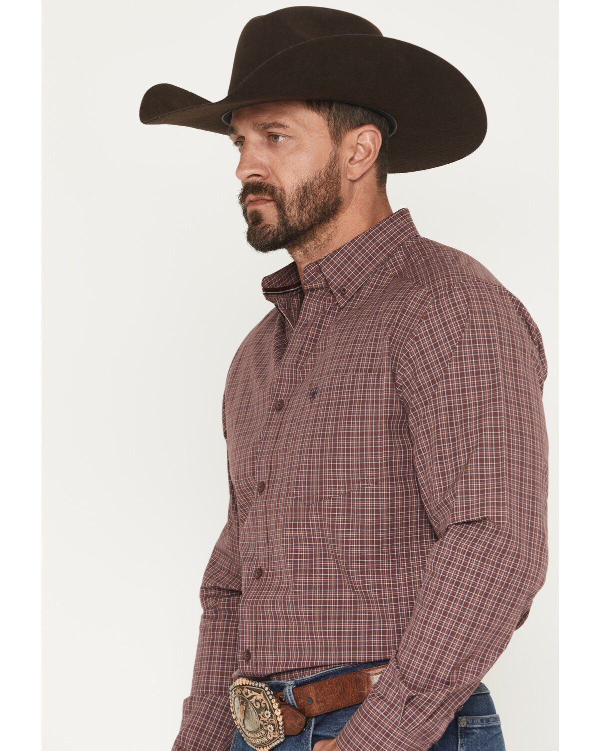 Image #2 - Ariat Men's Pro Series Travis Plaid Print Long Sleeve Button-Down Stretch Western Shirt - Tall, Burgundy, hi-res