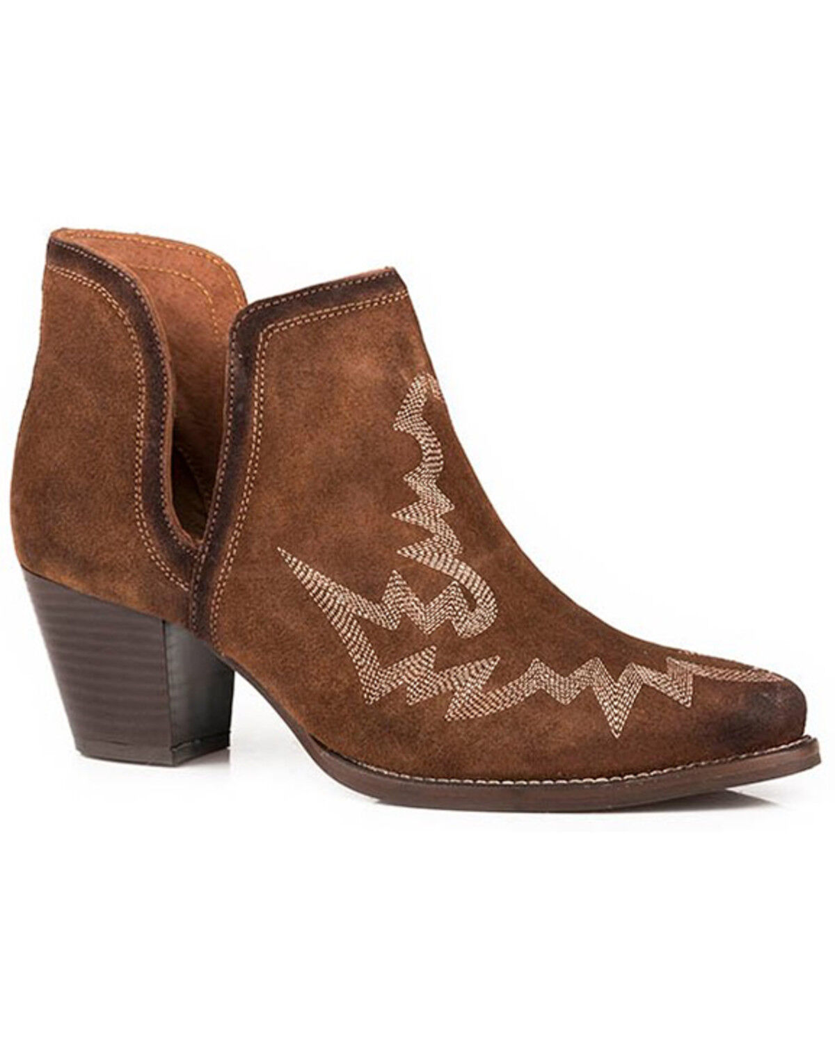 Image #1 - Roper Women's Rowdy Cow Suede Open Side Western Booties - Snip Toe, Brown, hi-res