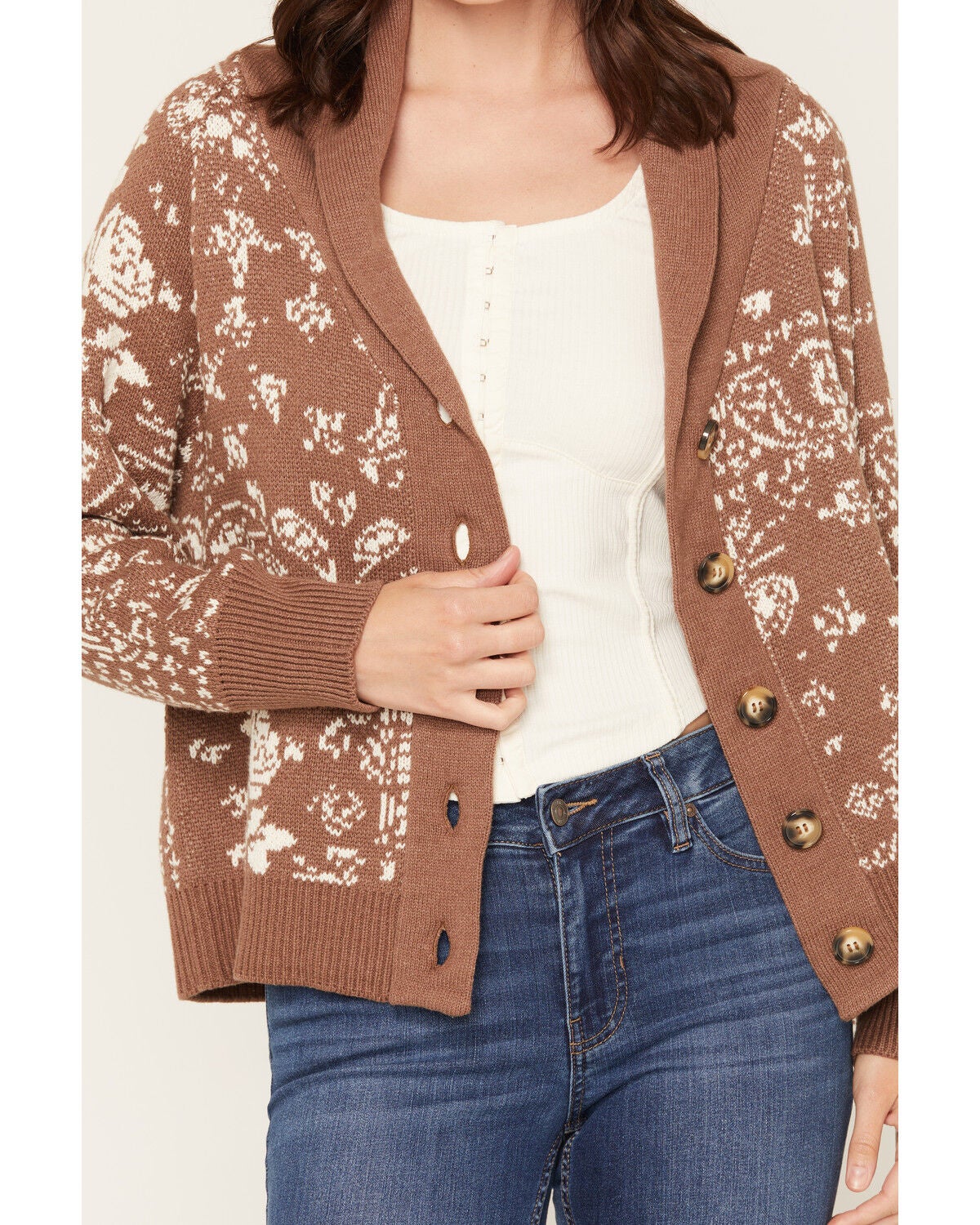 Image #3 - Originality Women's Bandana Print Cardigan, Brown, hi-res