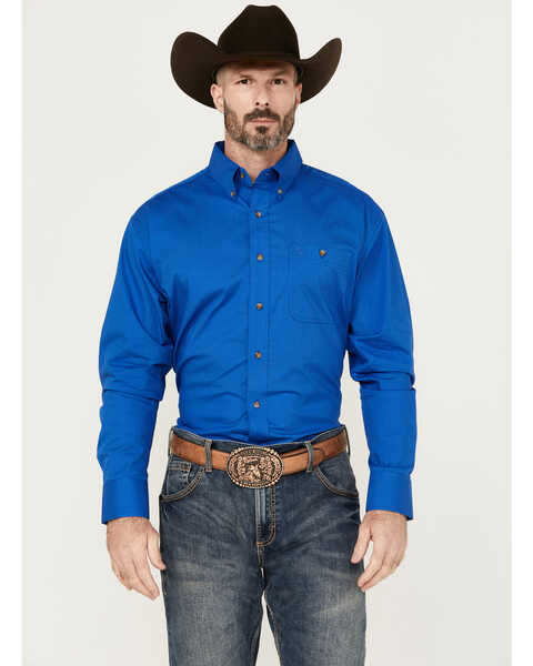 George Strait by Wrangler Men's Solid Long Sleeve Button-Down Stretch Western Shirt - Tall , Royal Blue, hi-res