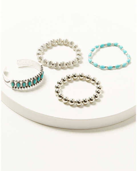 Shyanne Women's Cuff and Stretch Bead Statement Bracelet Set - 4 Piece , Turquoise, hi-res
