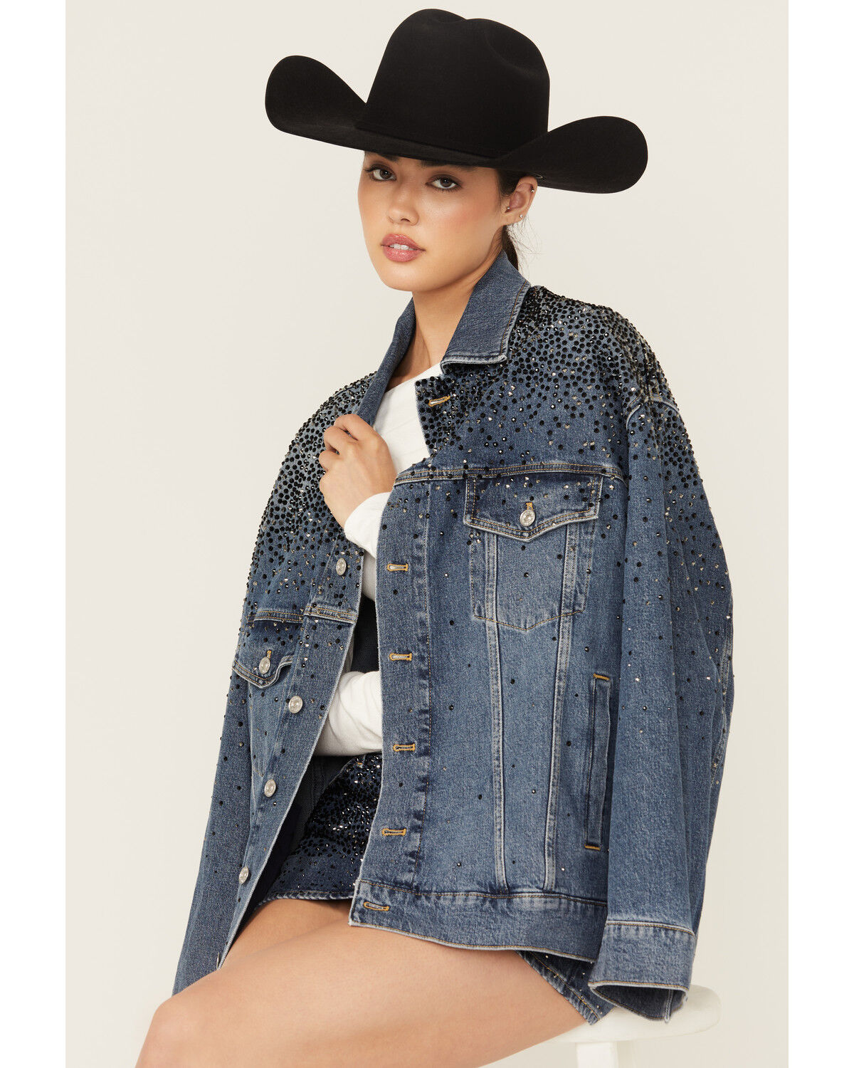 Image #1 - 7 For All Mankind Women's Candy Oil Dark Wash Oversized Embellished Trucker Denim Jacket, Dark Wash, hi-res
