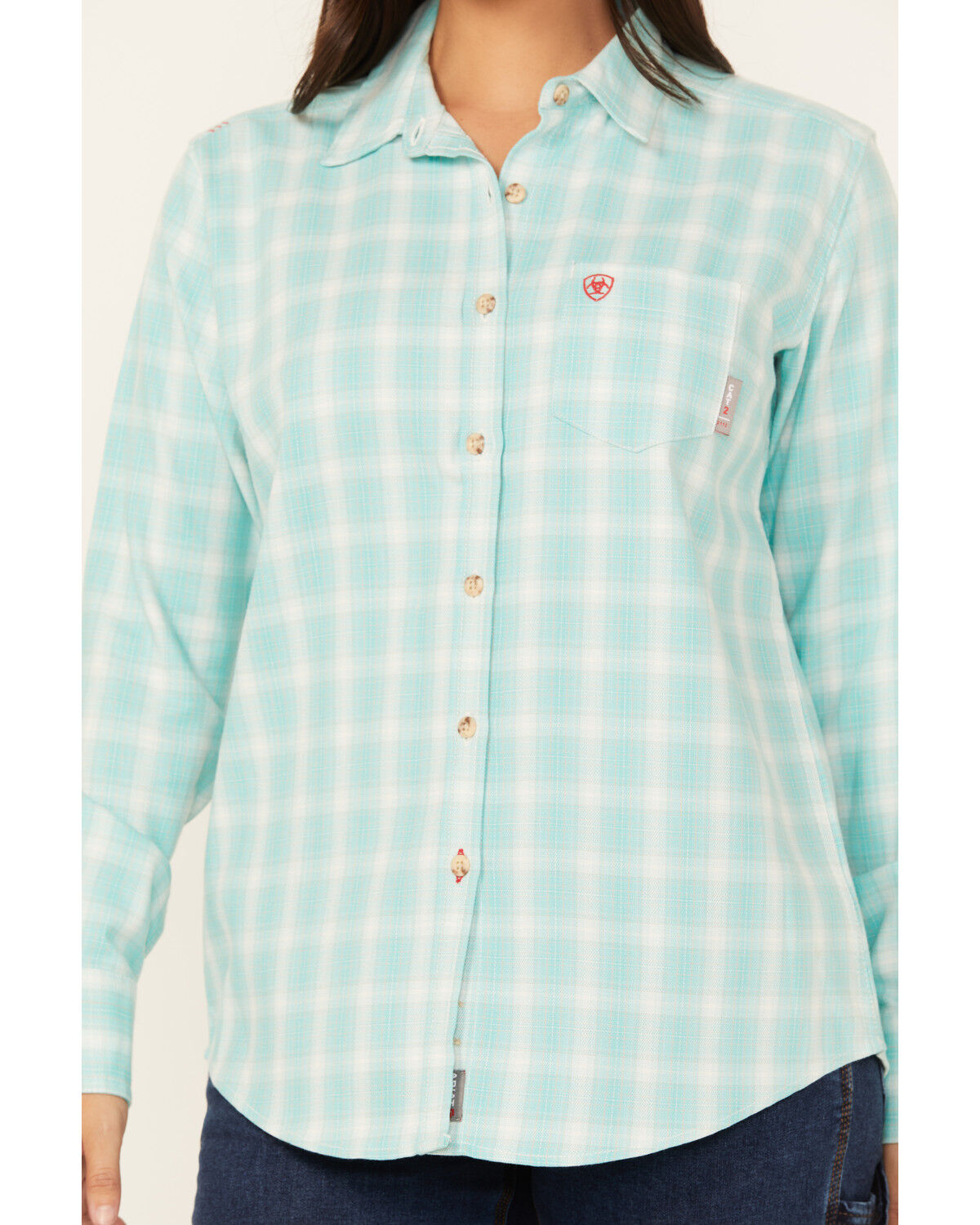 Image #3 - Ariat Women's FR Catalina Plaid Print Long Sleeve Button-Down Work Shirt, Turquoise, hi-res