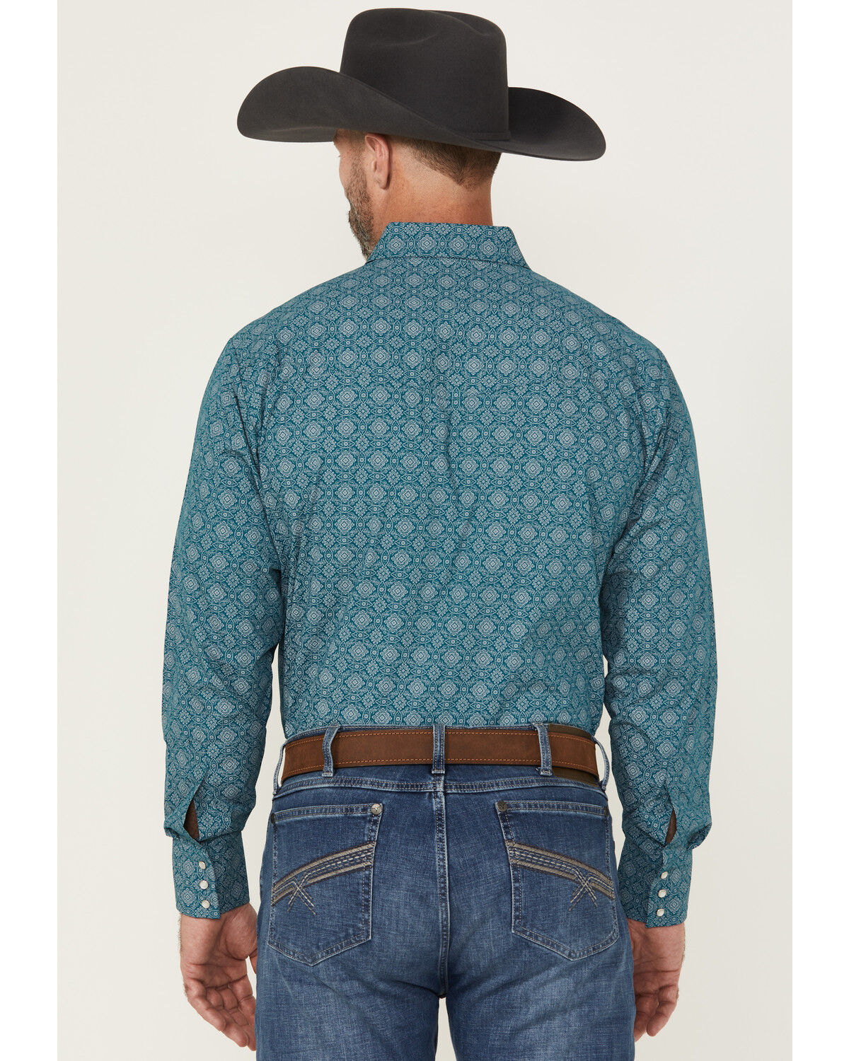Image #4 - Ely Walker Men's Medallion Print Long Sleeve Pearl Snap Western Shirt, Teal, hi-res
