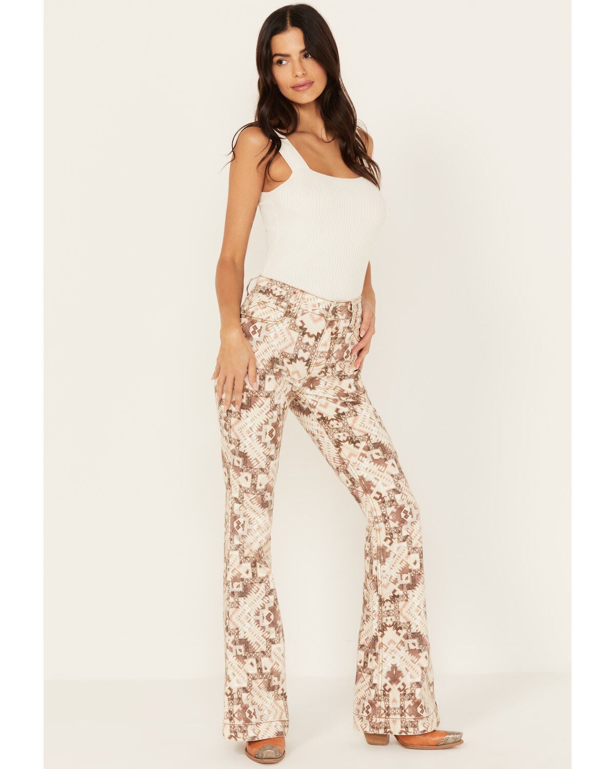 Shyanne Women's High Rise Southwestern Print Stretch Flare Jeans, Grey, hi-res