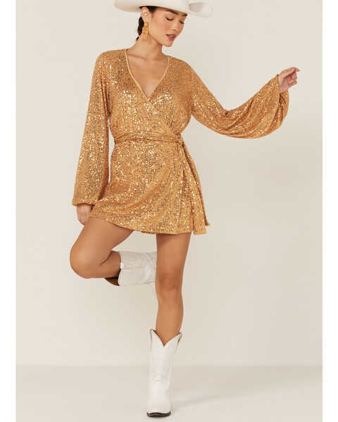Image #1 - Free People Women's Christa Sequin Long Sleeve Romper, Gold, hi-res