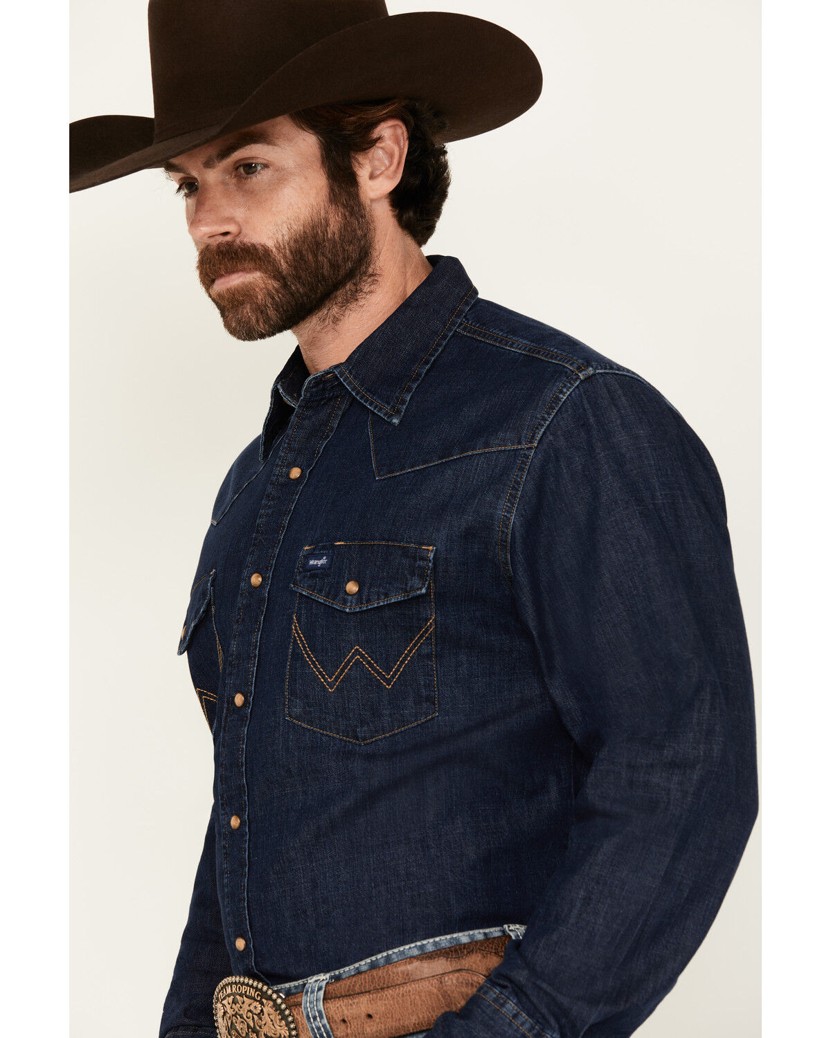 Image #2 - Wrangler Men's Medium Wash Denim Long Sleeve Snap Western Shirt - Tall, Medium Wash, hi-res