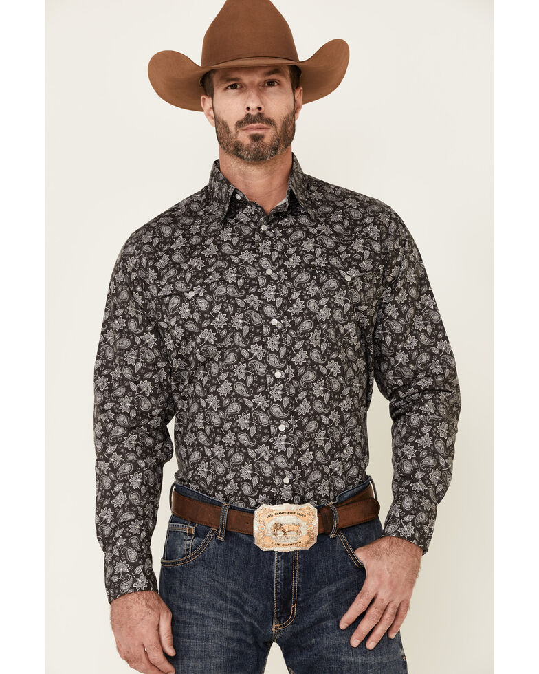 West Made Men's Grey Dapple Paisley Print Long Sleeve Snap Western Shirt , Black, hi-res