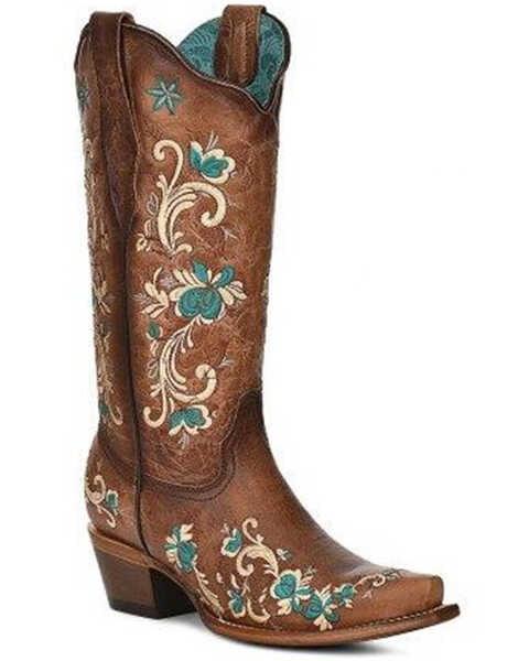 Image #1 - Corral Women's Floral Western Boots - Snip Toe , Brown, hi-res