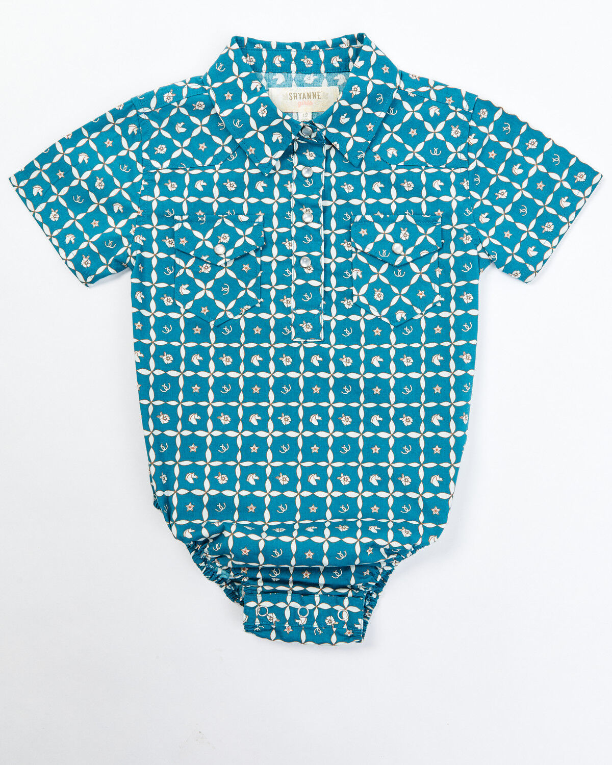 Image #1 - Shyanne Infant Girls' Rodeo Print Short Sleeve Pearl Snap Onesie, Teal, hi-res