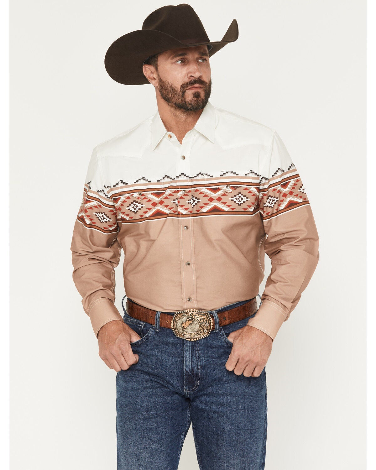 Image #1 - Rodeo Clothing Men's Southwestern Border Print Long Sleeve Snap Western Shirt, Camel, hi-res