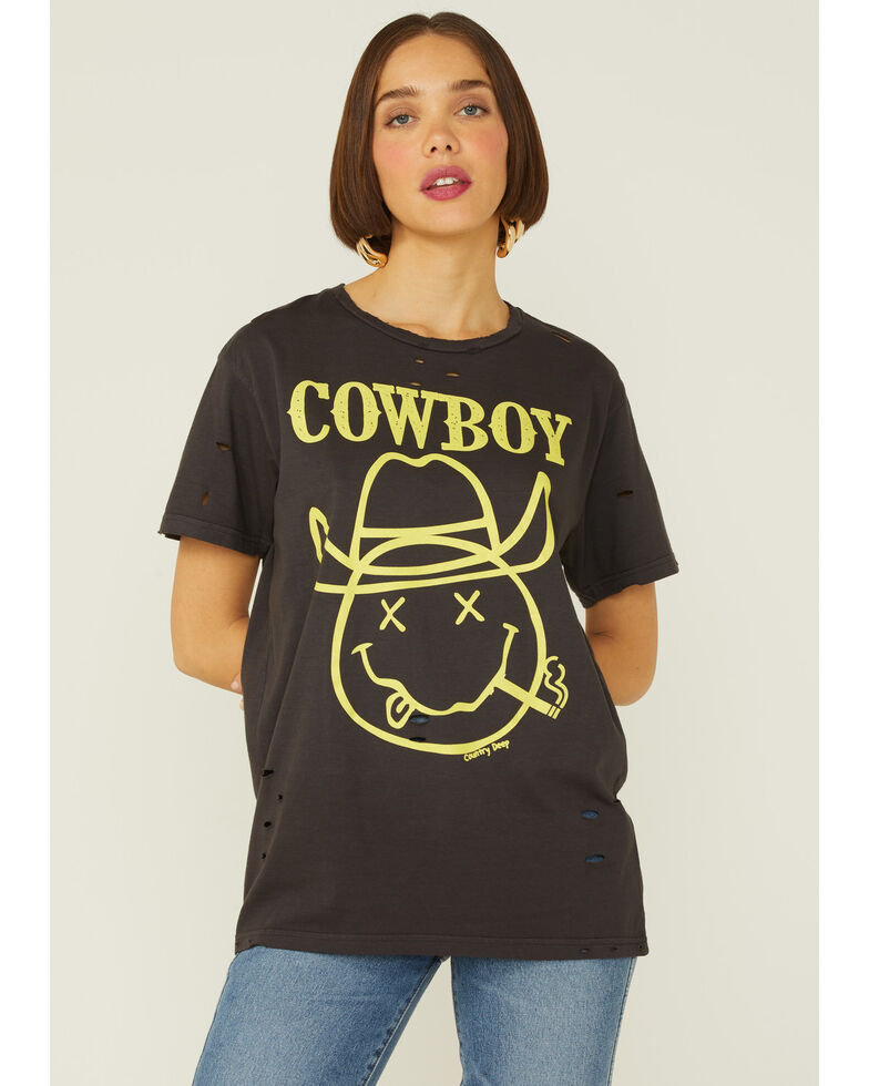 Country Deep Women's Wild Cowboy Distressed Oversized Black Tee, Black, hi-res