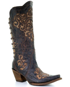 Corral Women's Inlay and Straps Cowgirl Boots - Snip Toe, Black, hi-res