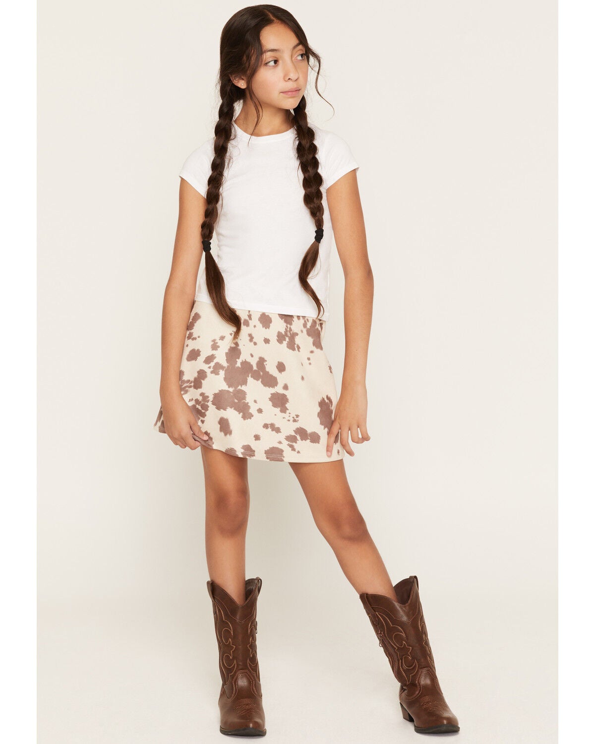 Originality Girls' Cow Print Faux Suede Pull-On Skort, Multi, hi-res