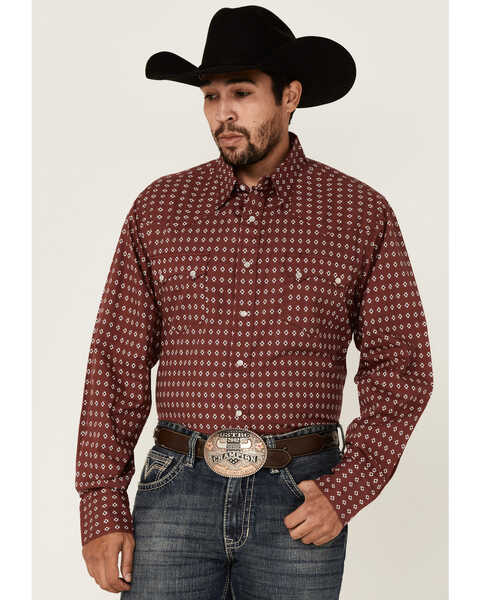 Roper Men's Southwestern Geo Print Long Sleeve Pearl Snap Western Shirt , Red, hi-res
