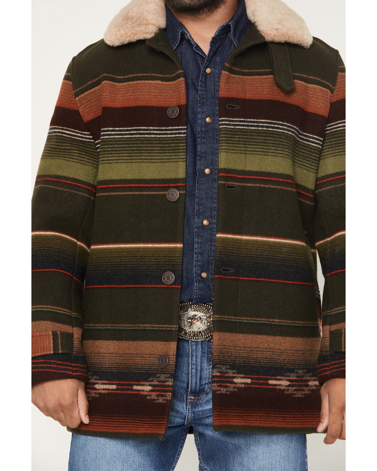 Image #3 - Pendleton Men's Dayton Serape Striped Shearling Collar Button-Down Wool Coat, Olive, hi-res