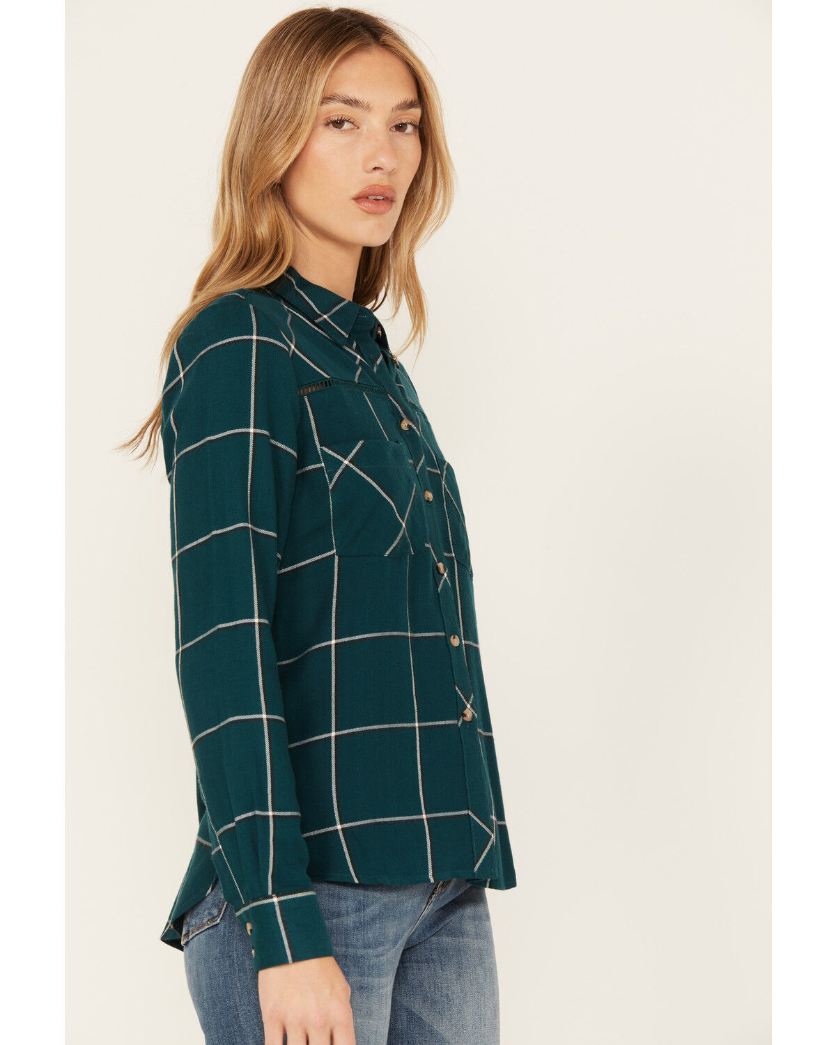 Image #2 - Shyanne Women's Plaid Print Long Sleeve Button-Down Western Shirt, Deep Teal, hi-res