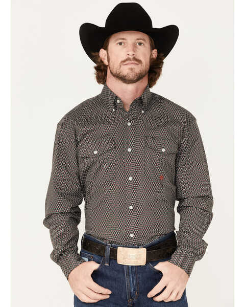 Roper Men's Geo Print Long Sleeve Button Down Stretch Western Shirt, Green, hi-res