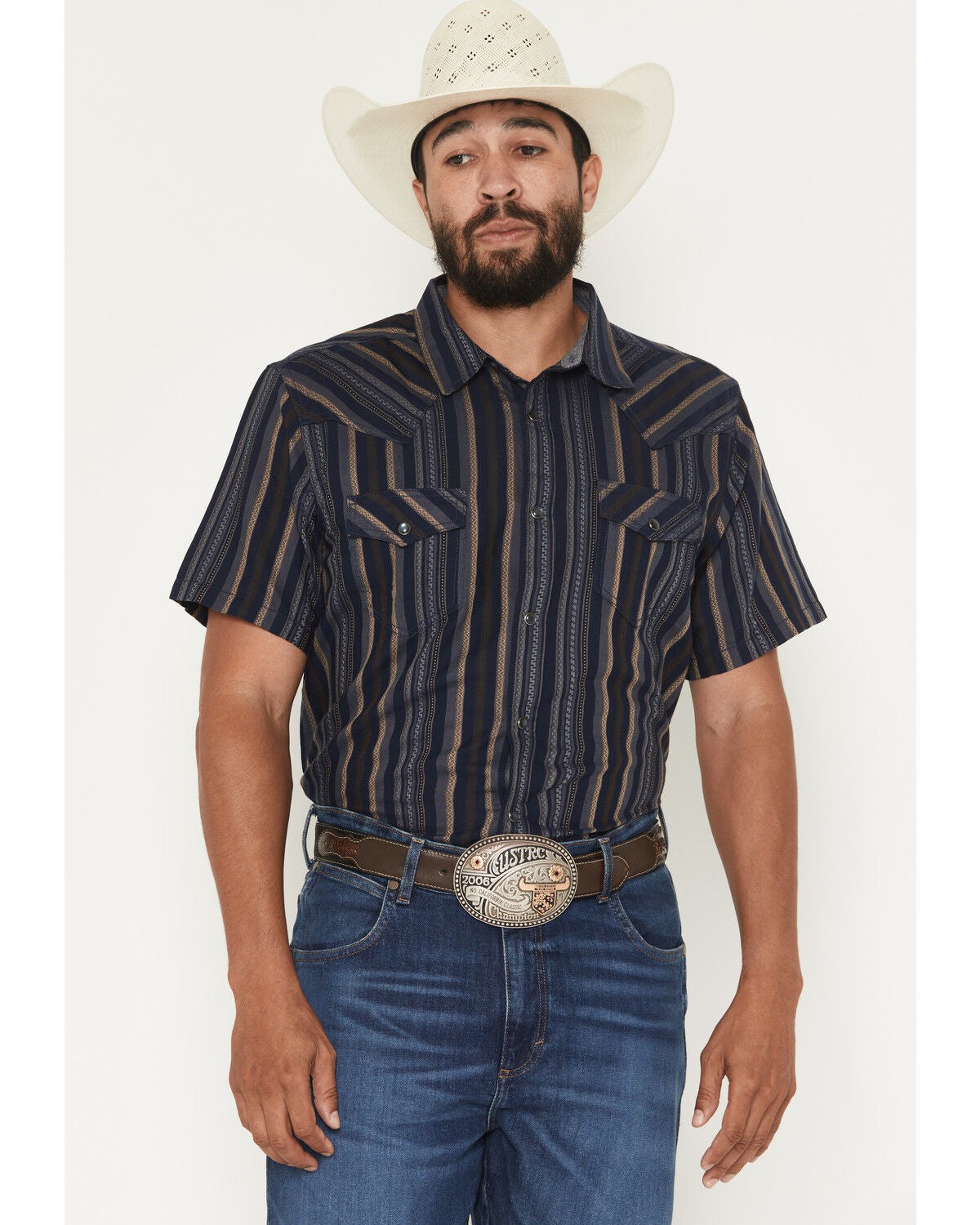 Image #1 - Cody James Men's Highland Rim Striped Print Short Sleeve Snap Western Shirt - Big, Navy, hi-res