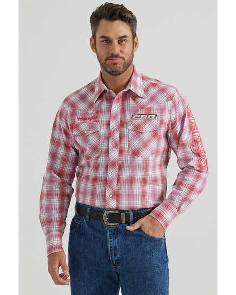 Wrangler Men's PBR Logo Plaid Print Long Sleeve Snap Western Shirt , Red, hi-res
