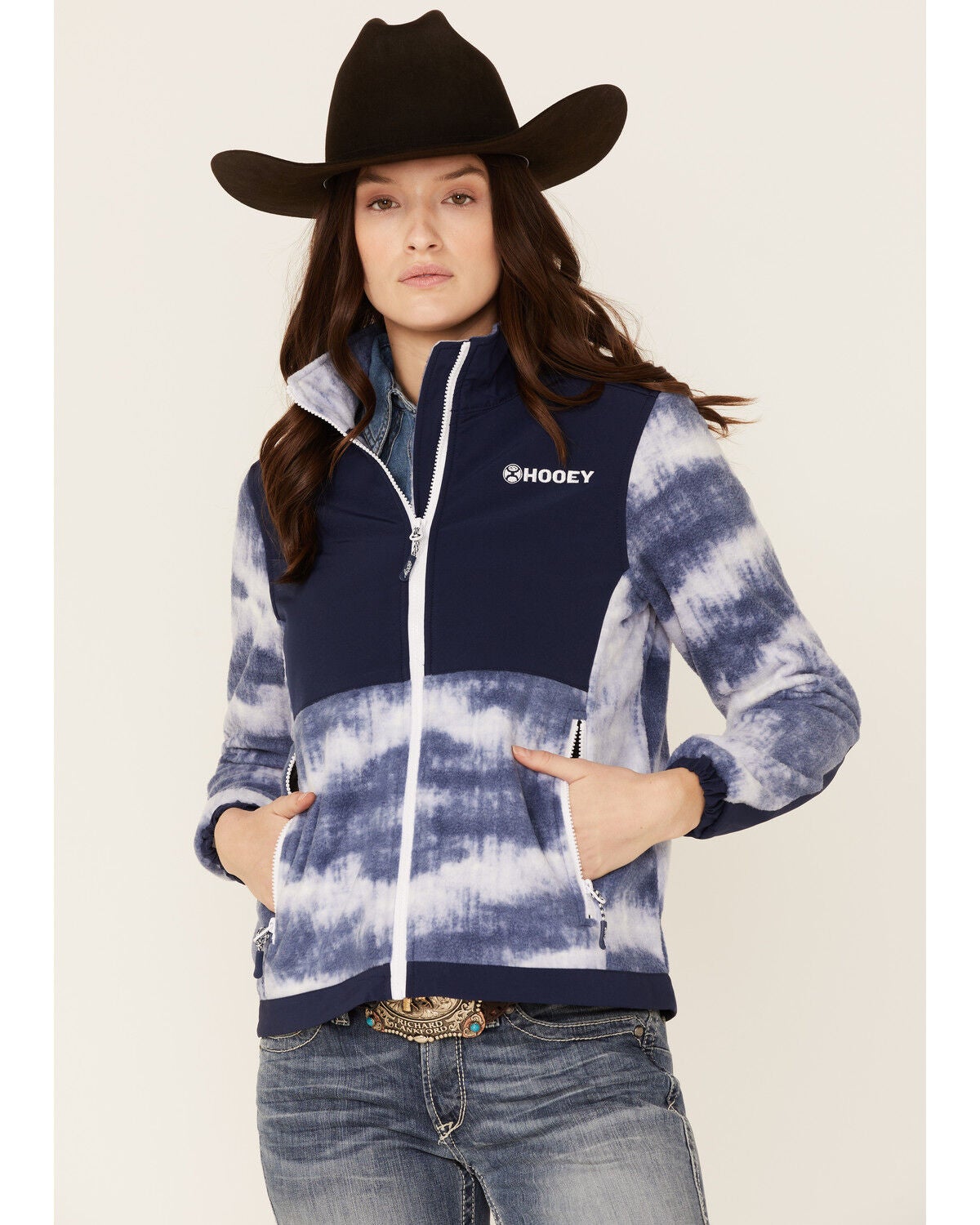 Hooey Women's Solid Print Color Block Zip-Front Tech Jacket, Navy, hi-res