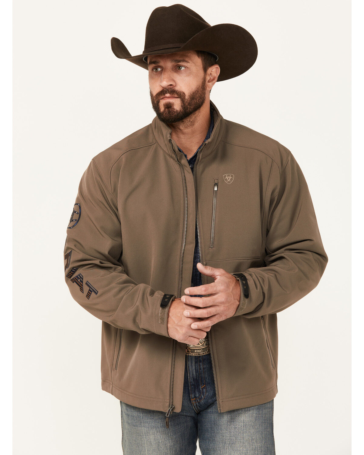 Image #1 - Ariat Men's Boot Barn Exclusive Logo 2.0 Softshell Jacket, Taupe, hi-res