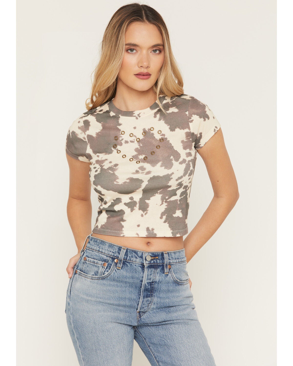 Youth in Revolt Women's Cowhide Print Studded Heart Short Sleeve Baby Tee, Brown, hi-res