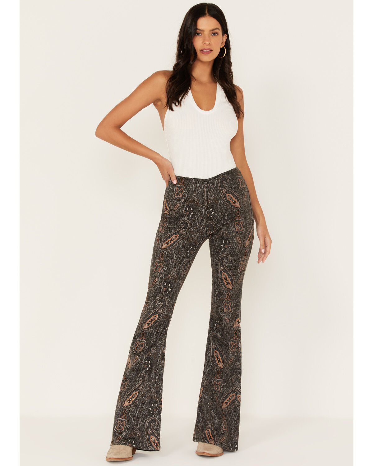 Image #1 - Rock & Roll Denim Women's Paisley Print High Rise Flare Jeans, Black, hi-res