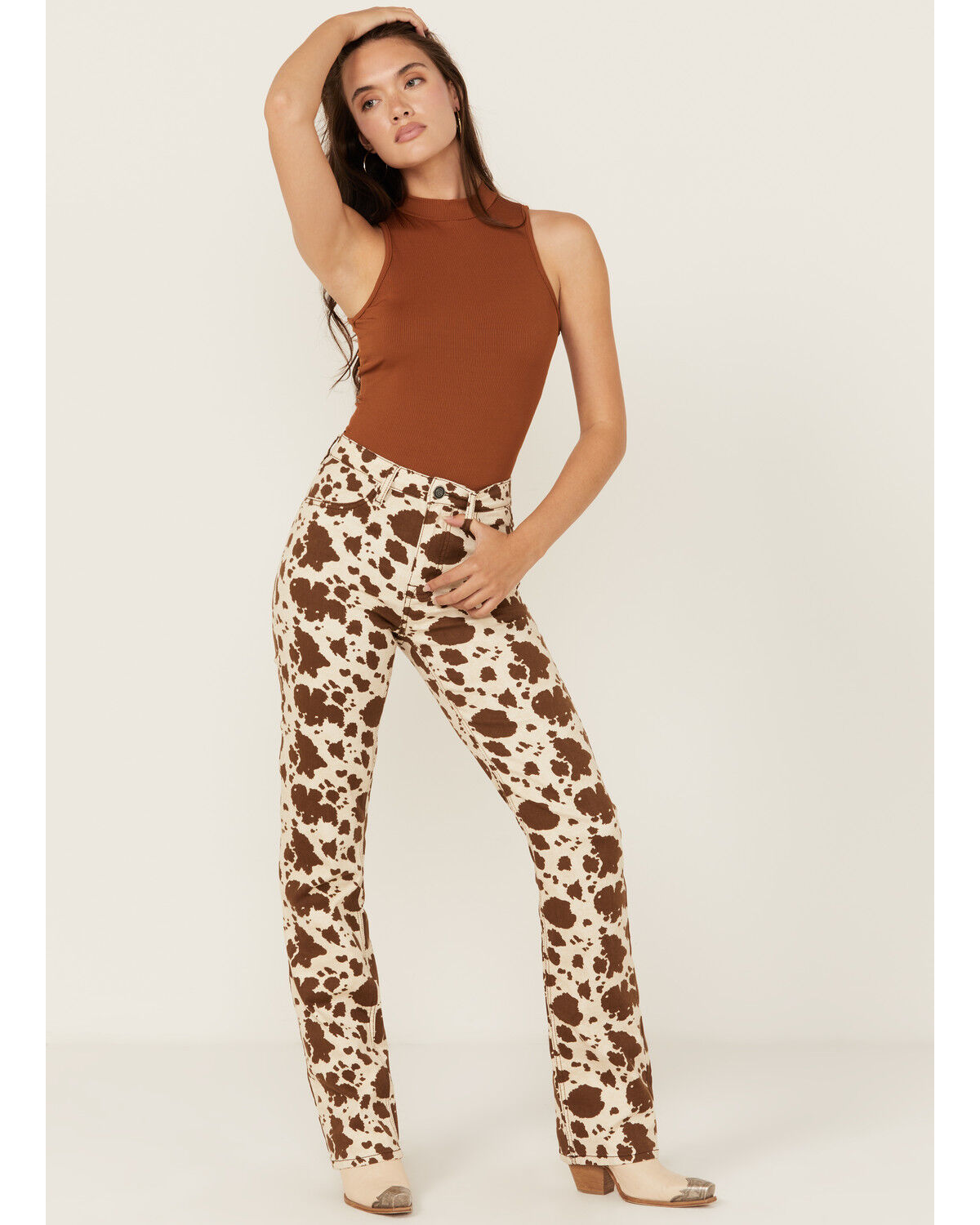 Image #1 - Rock & Roll Denim Women's Cow Print High Rise Bargain Modest Bootcut Stretch Denim Jeans, Brown, hi-res