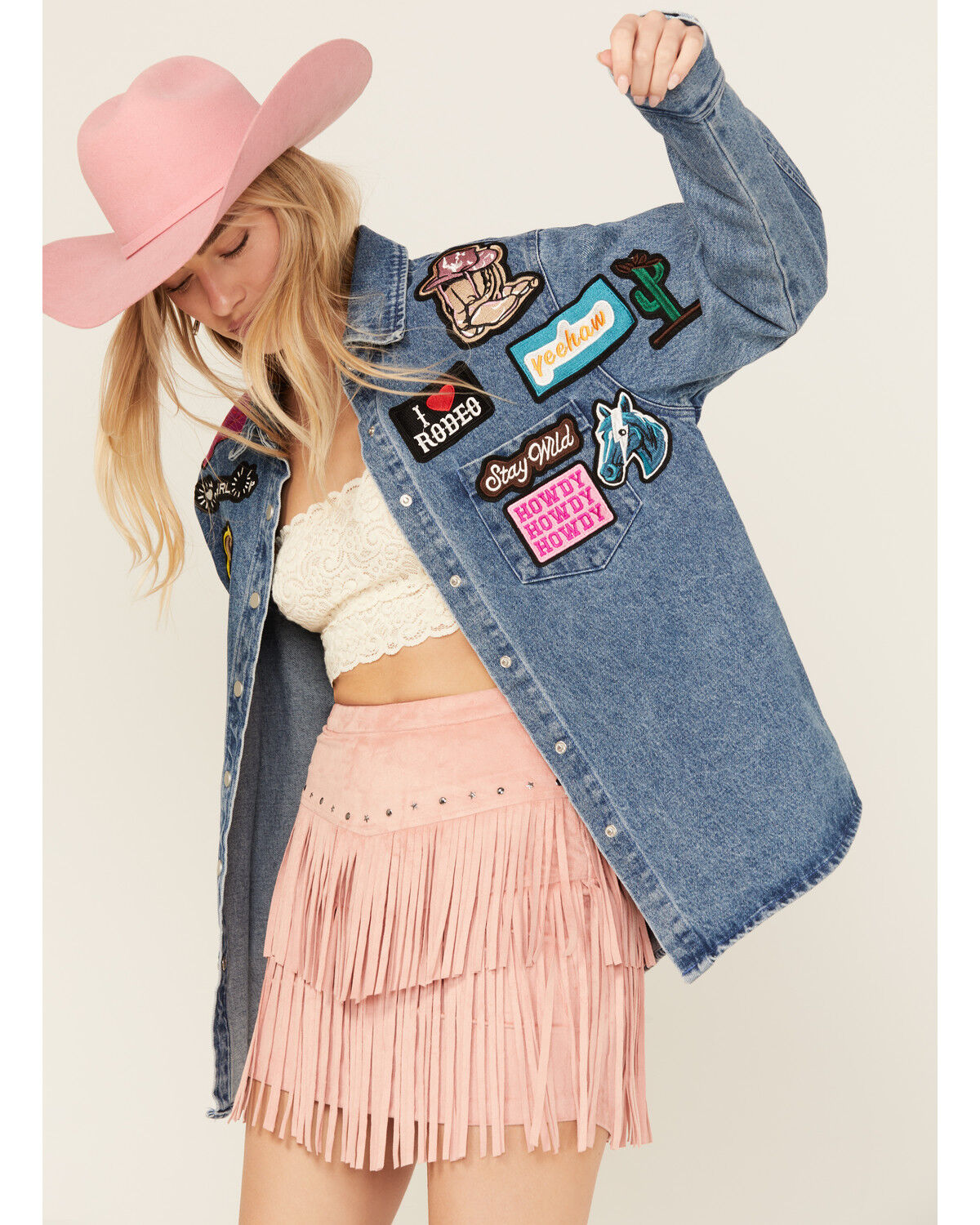 Image #2 - Blue B Women's Medium Wash Western Patchwork Snap Shacket, Medium Wash, hi-res