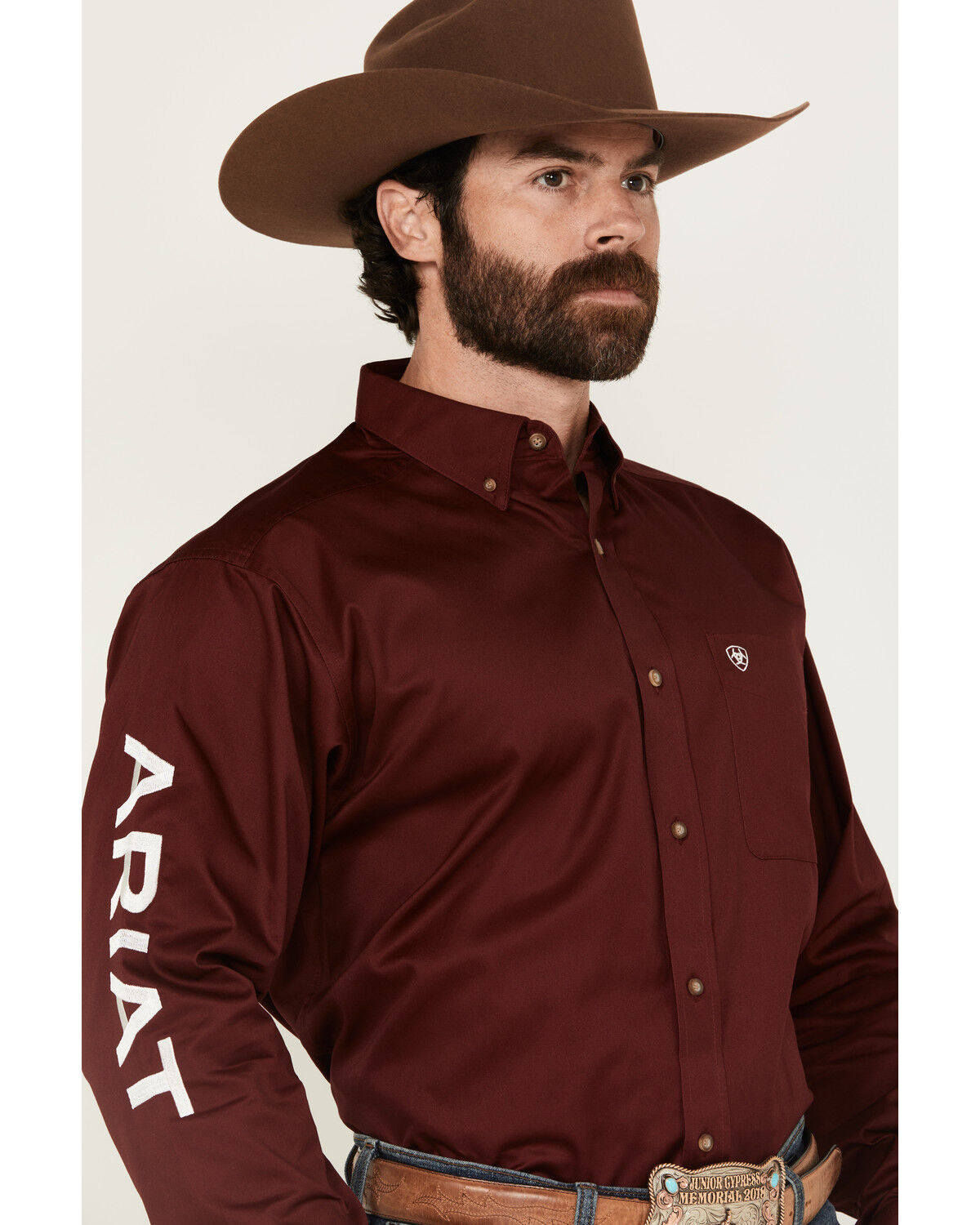Image #3 - Ariat Men's Burgundy Team Logo Solid Twill Long Sleeve Western Shirt, Multi, hi-res