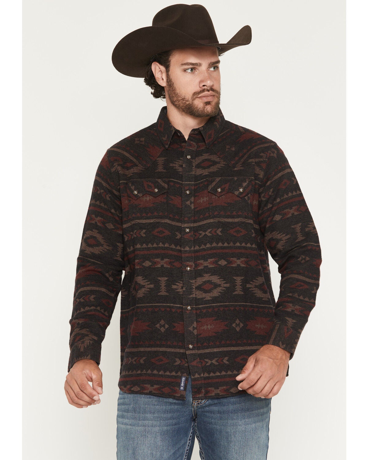 Moonshine Spirit&reg; Men's Antler Southwestern Print Long Sleeve Snap Flannel Shirt, Burgundy, hi-res