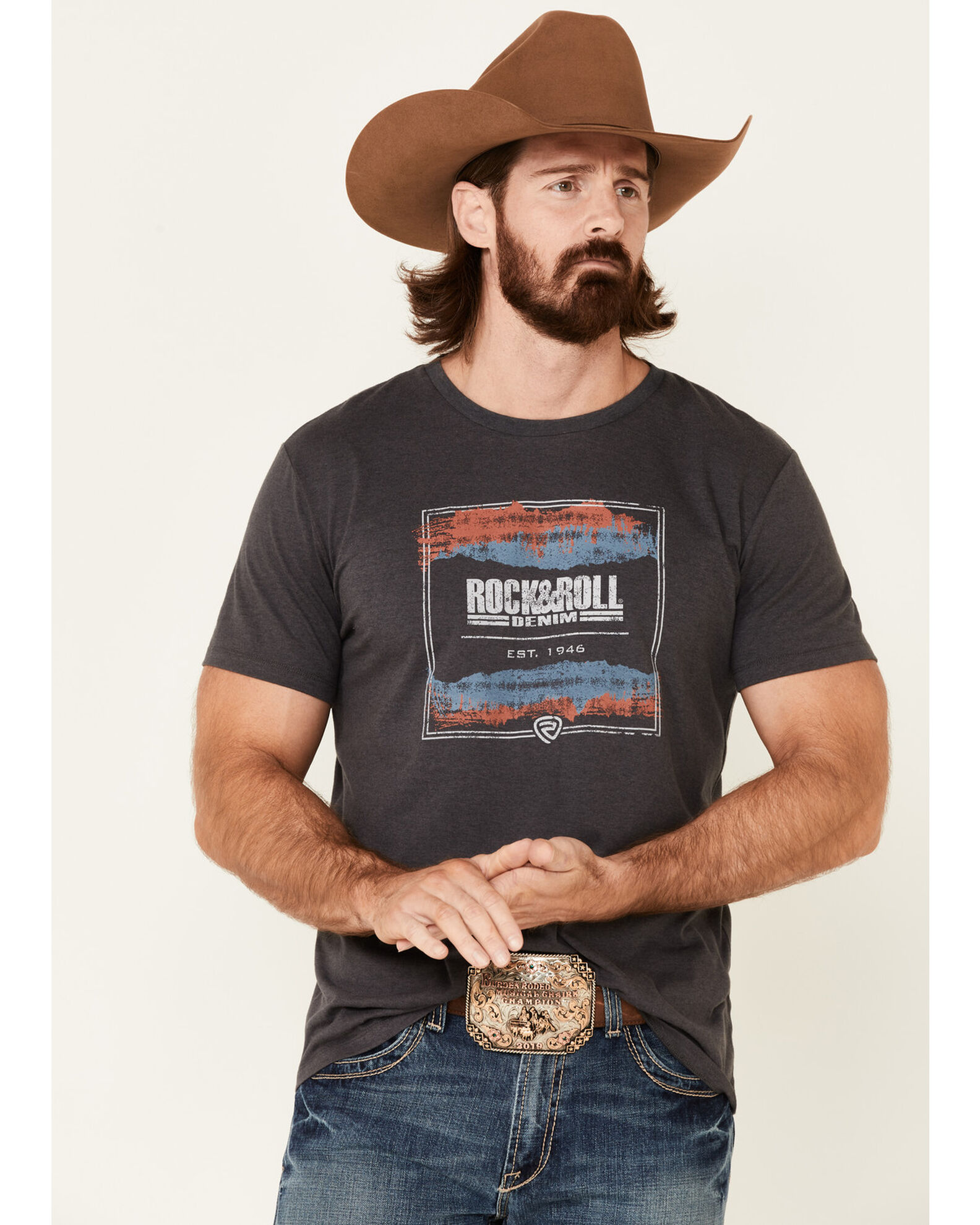 Image #1 - Rock & Roll Denim Men's Charcoal Square Graphic Short Sleeve T-Shirt, Charcoal, hi-res