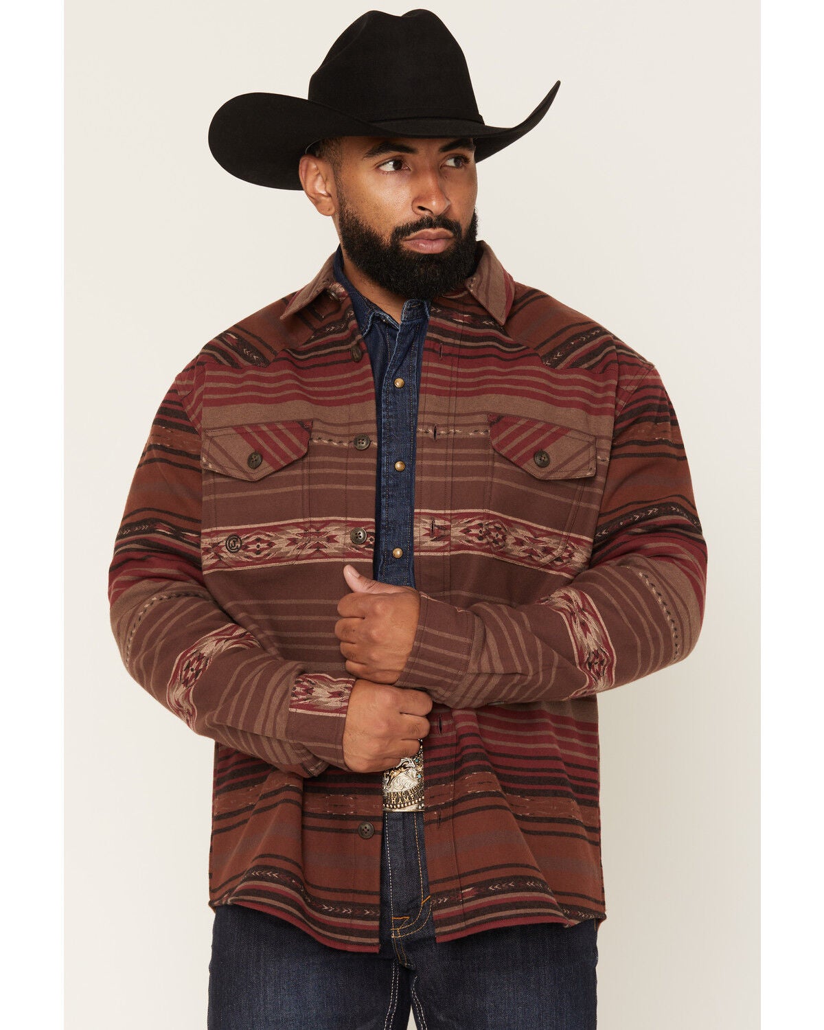 Cody James Men's Drif Southwestern Serape Striped Fleece Lined Shirt Jacket, Brown, hi-res