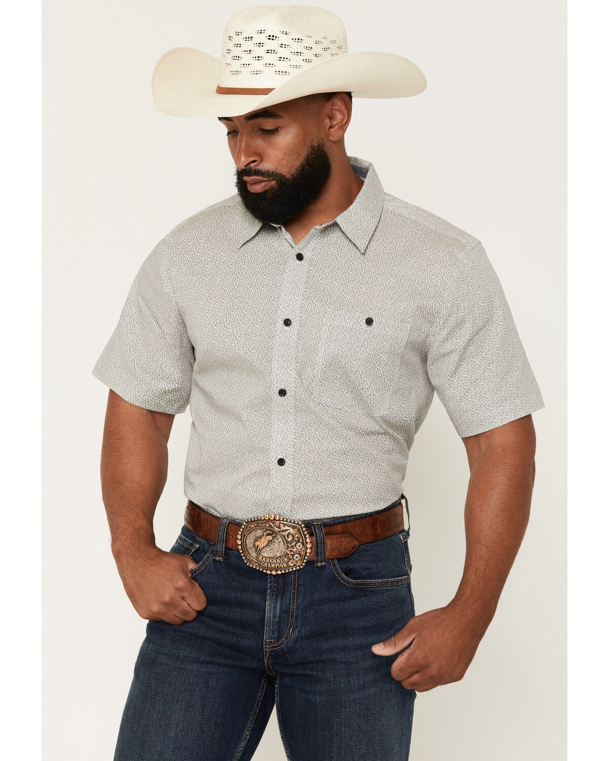 Image #1 - RANK 45&reg; Men's Semi Final Geo Print Short Sleeve Button-Down Stretch Western Shirt, Ivory, hi-res