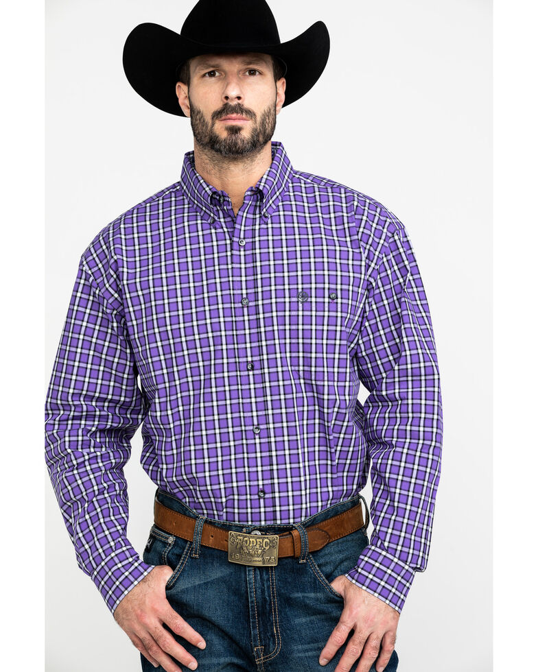 George Strait By Wrangler Men's Multi Plaid Long Sleeve Western Shirt , Black/purple, hi-res